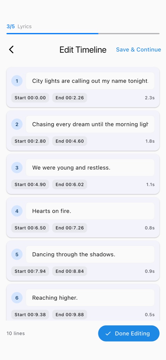 The app showing recognized lyrics with a start and end time for every line