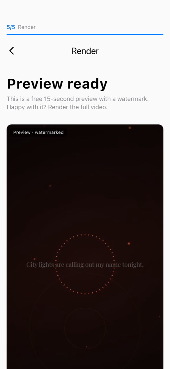 A rendered lyric video preview playing inside the app